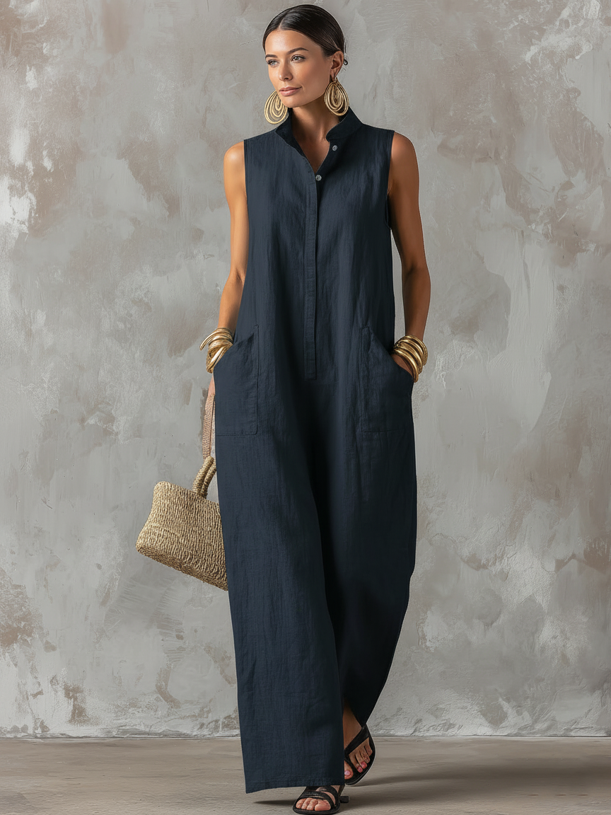 Black Sleeveless Jumpsuit — Stand Collar