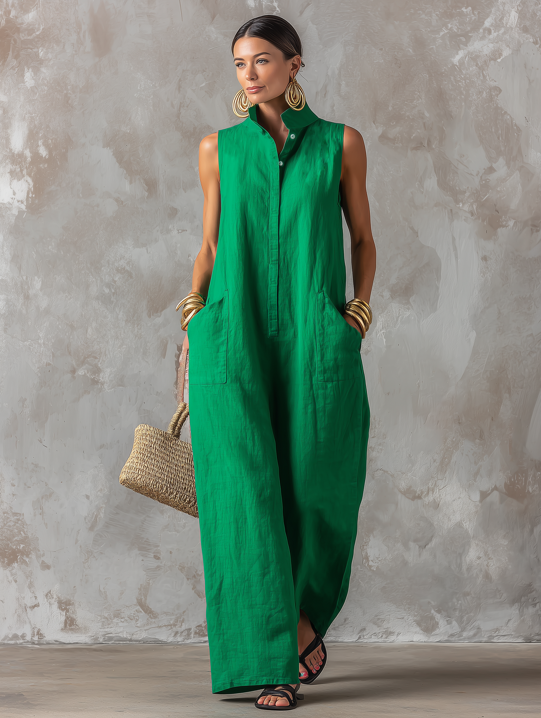 Black Sleeveless Jumpsuit — Stand Collar