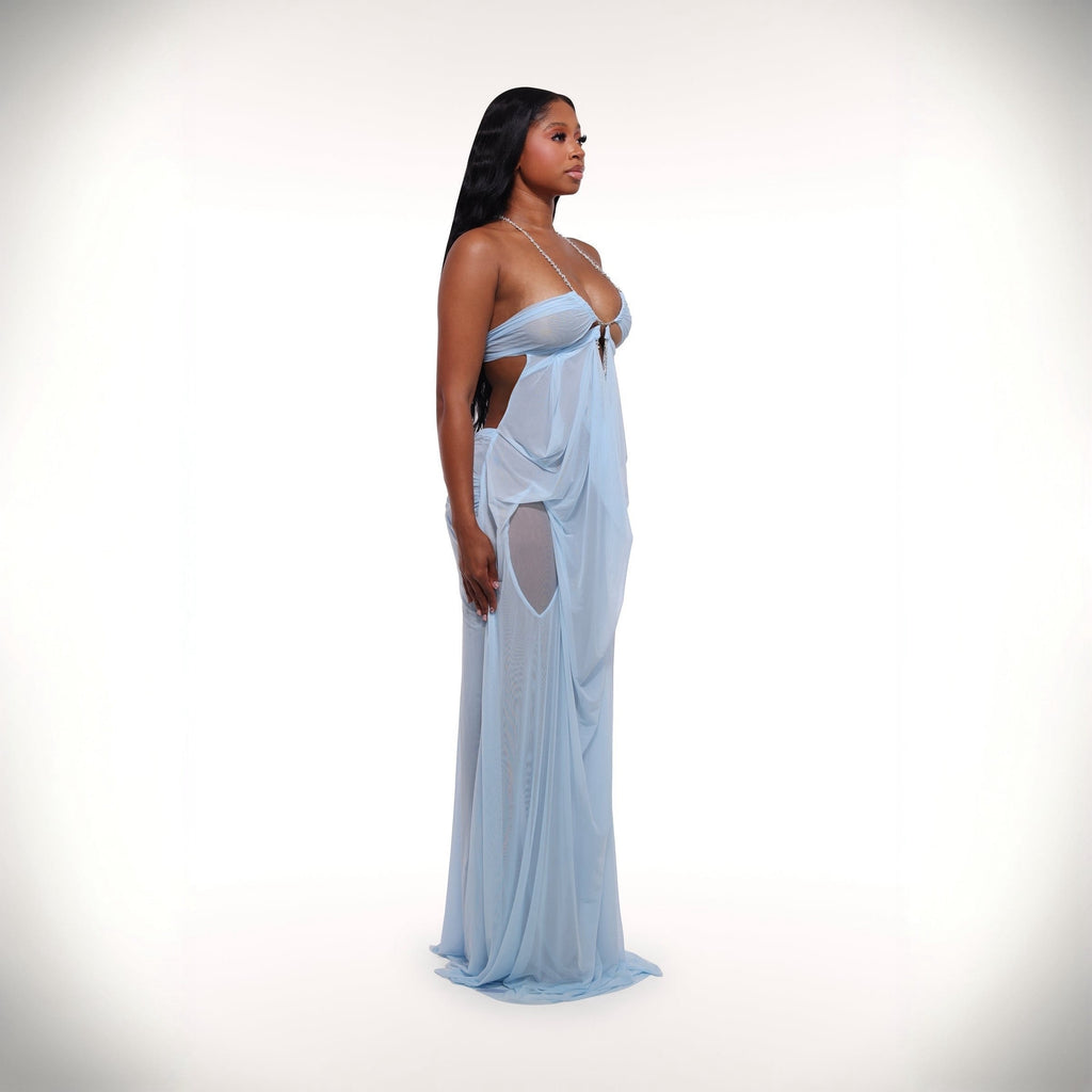 Coral Cascade Sheer Draped Light Blue Maxi Dress With Crystal Detail