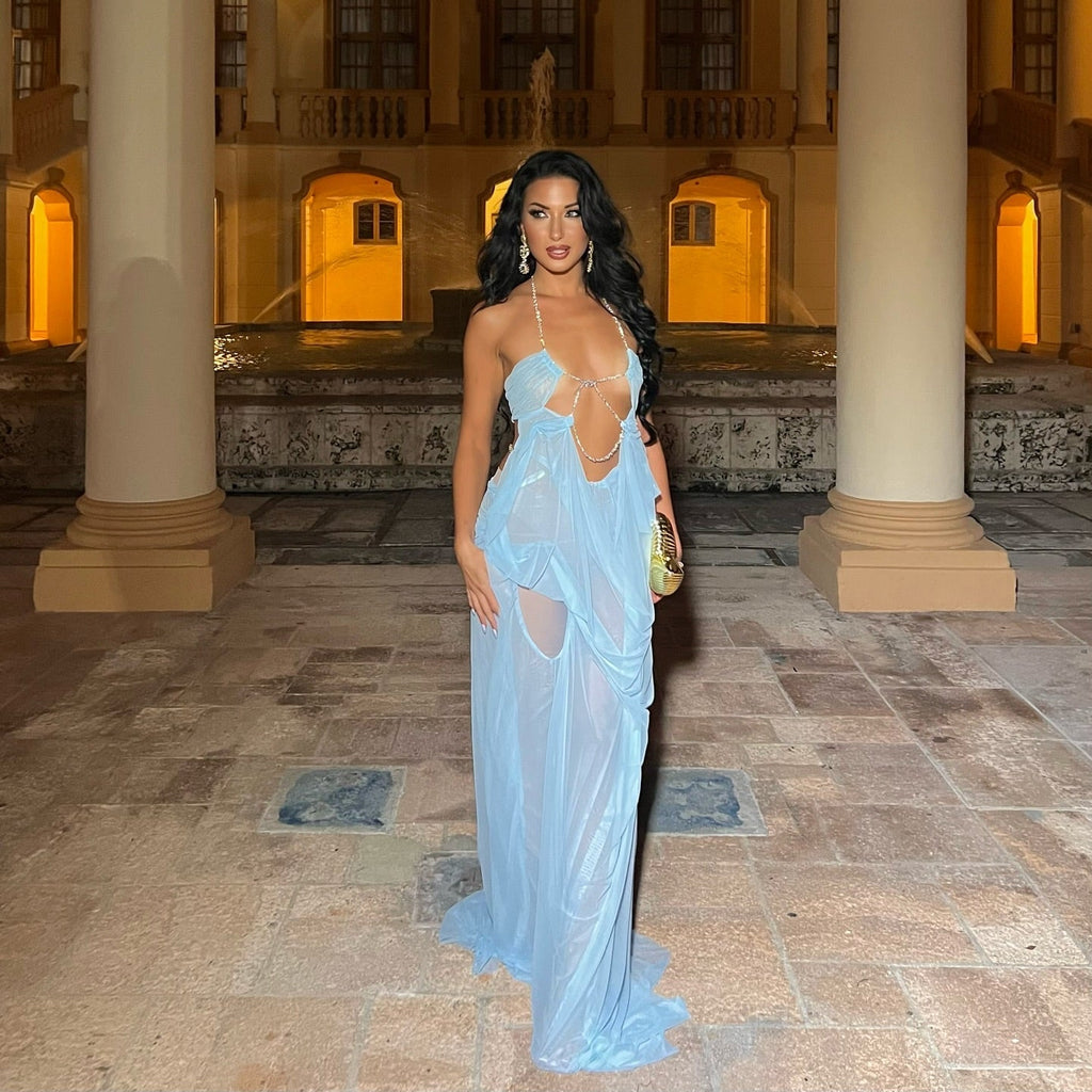 Coral Cascade Sheer Draped Light Blue Maxi Dress With Crystal Detail