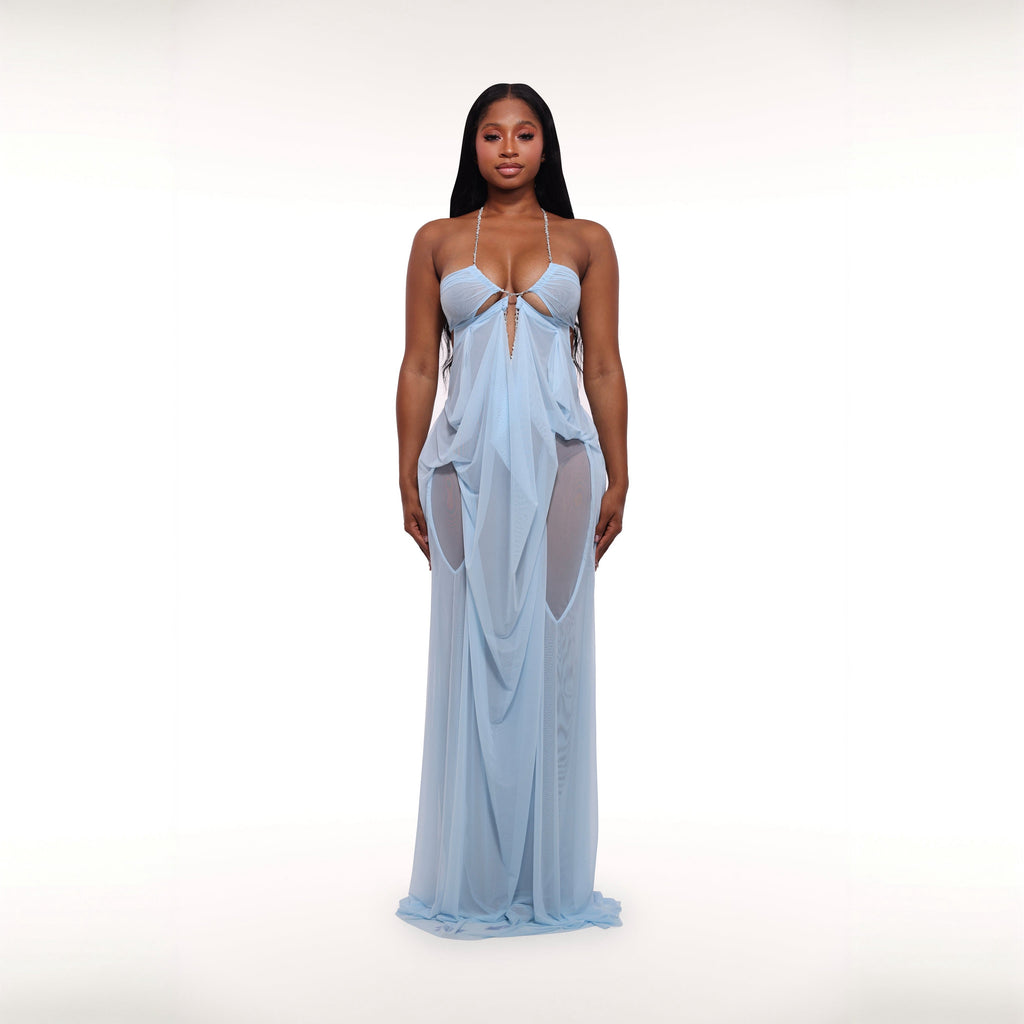 Coral Cascade Sheer Draped Light Blue Maxi Dress With Crystal Detail