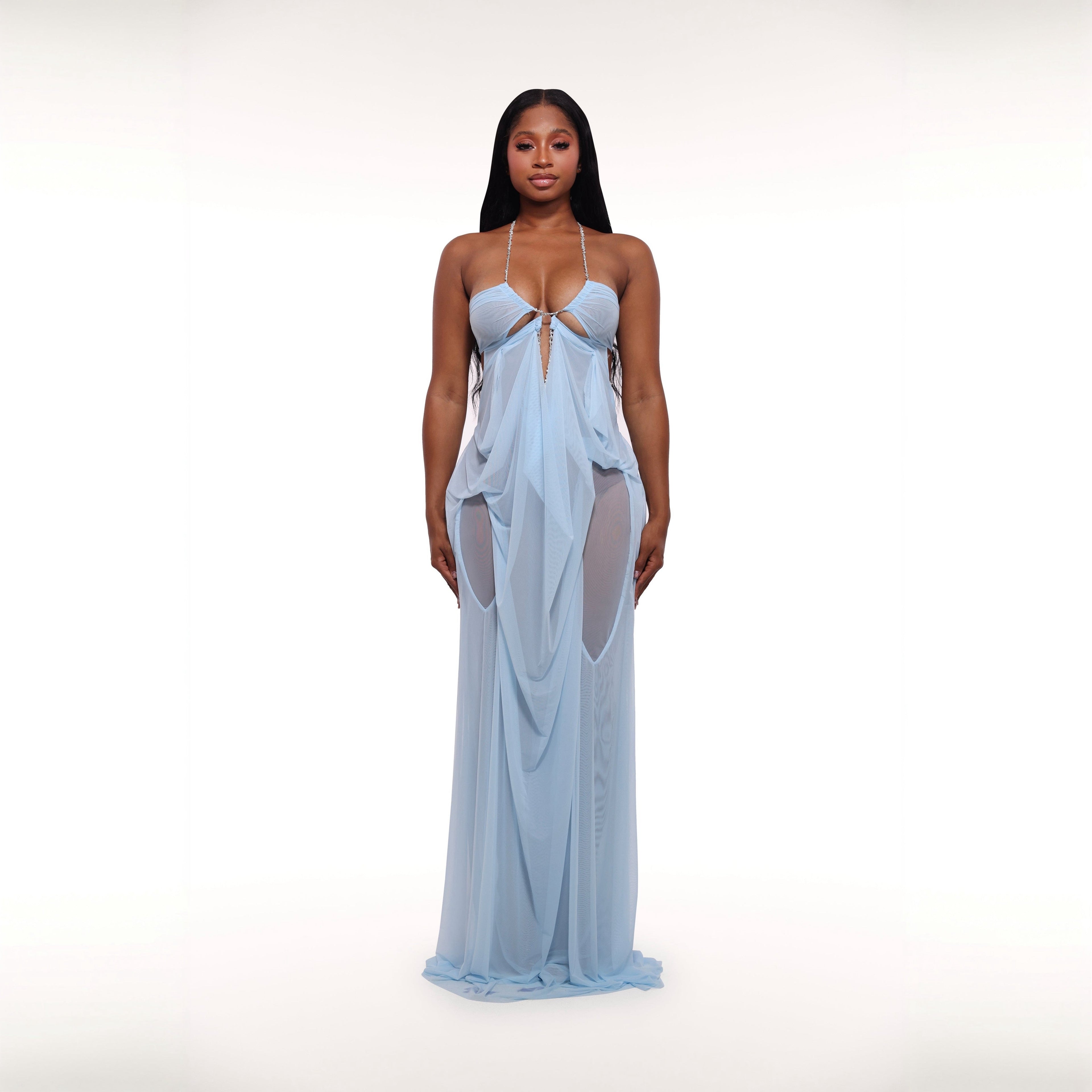 Coral Cascade Sheer Draped Light Blue Maxi Dress With Crystal Detail