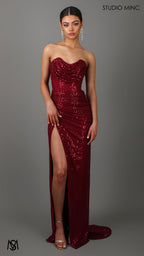 MUSE - Ruby Red Sequin Formal Dress with Strapless Corset & Leg Split
