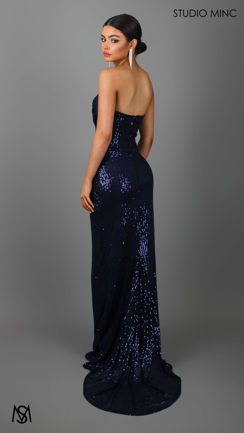 MUSE - Navy Blue Sequin Formal Dress with Strapless Corset & Leg Split