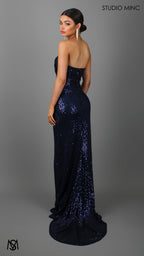 MUSE - Navy Blue Sequin Formal Dress with Strapless Corset & Leg Split