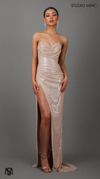 MUSE - Champagne Gold Sequin Formal Dress with Strapless Corset & Leg Split