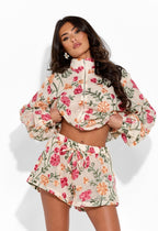 Dahlia floral crochet shorts in lightweight fabric with colorful floral pattern, casual summer bottoms from 64b136-1e.