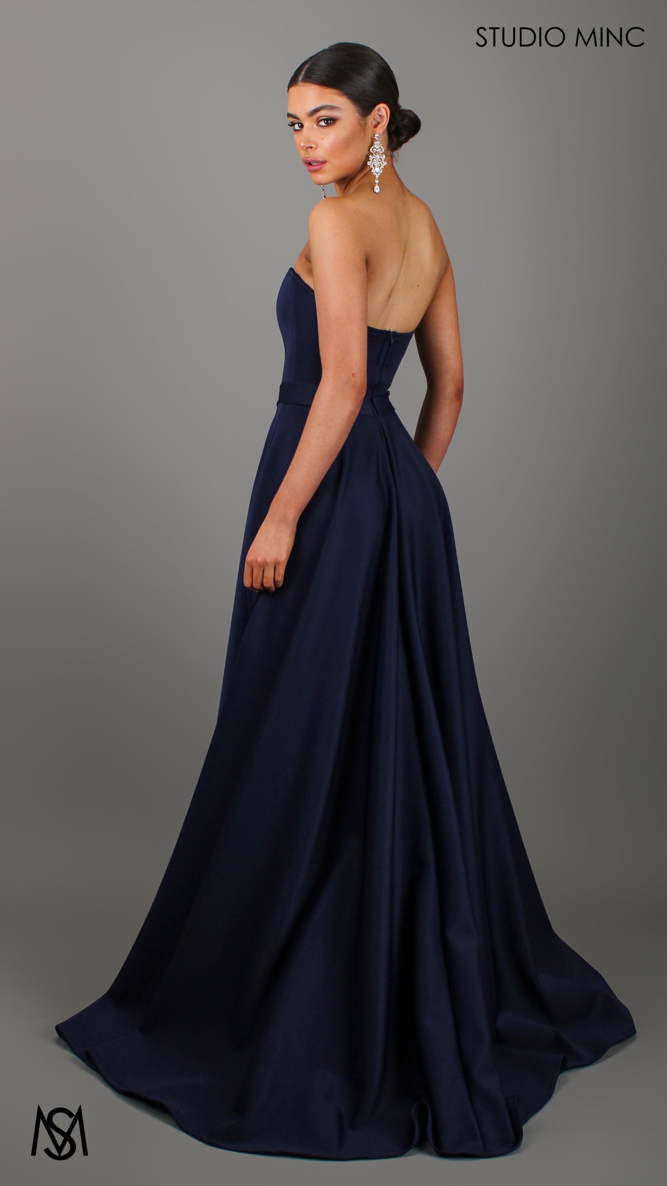 SWEETHEART - Navy Blue Strapless Formal dress with Corset & Full Circle Skirt