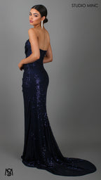 MUSE - Navy Blue Sequin Formal Dress with Strapless Corset & Leg Split