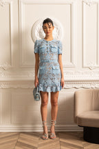 Short Sleeve Embroidered Floral Dress - Blue