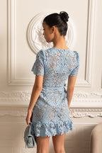 Short Sleeve Embroidered Floral Dress - Blue