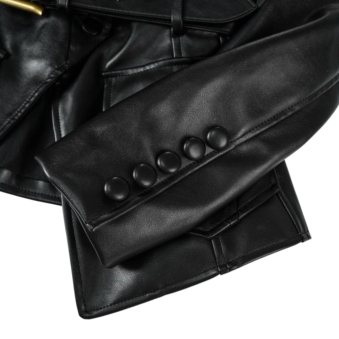 Isabel Black Belted Faux Leather Jacket