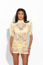 Victoria Lemon Lace Dress, elegant sleeveless dress with intricate lace details and a fitted silhouette, perfect for summer events.