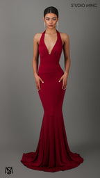 HOURGLASS - Ruby Red Fitted Formal Dress with Plunge Neckline