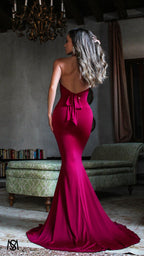 HOURGLASS - Ruby Red Fitted Formal Dress with Plunge Neckline