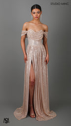 CRUSH - Champagne Gold Sequin Formal Dress with Corset & Arm Drapes