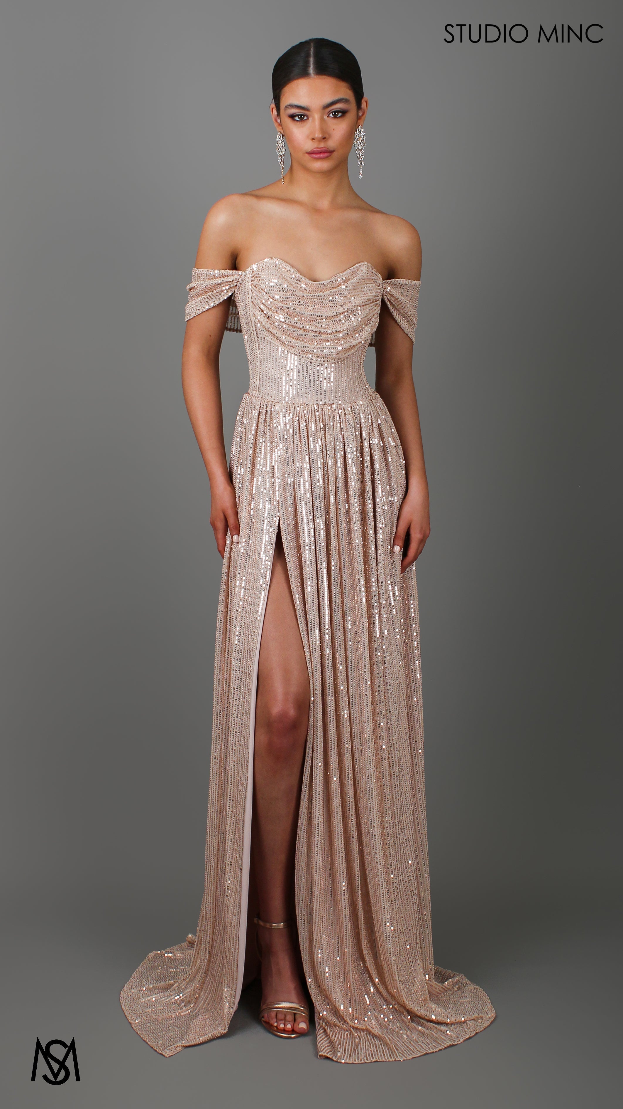 CRUSH - Champagne Gold Sequin Formal Dress with Corset & Arm Drapes