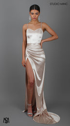 Crave - Champagne Satin Corset Formal Dress with Leg Split