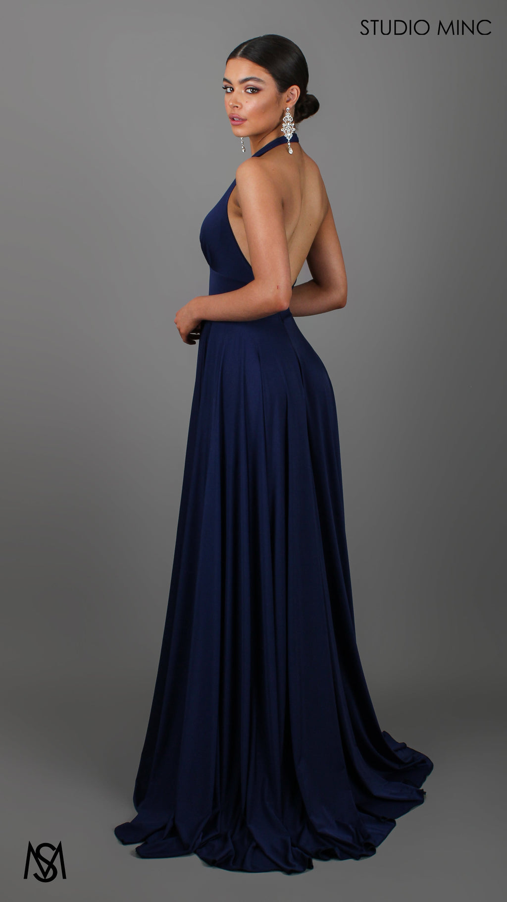 LOVE - Navy Blue Flowy Formal Dress with Plunge Neckline & Leg Split