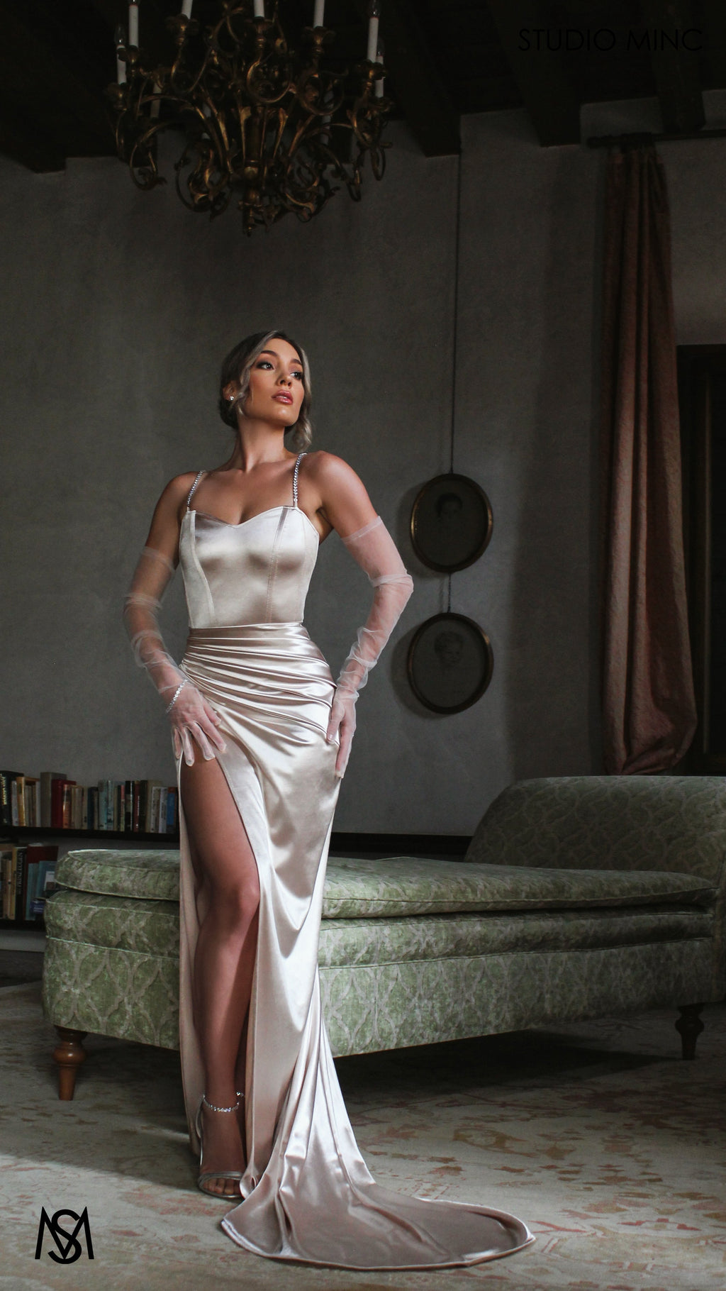 Crave - Champagne Satin Corset Formal Dress with Leg Split