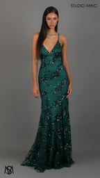 Poetry - Emerald Green formal dress | Sequin Floral V neckline fitted backless mermaid lace up