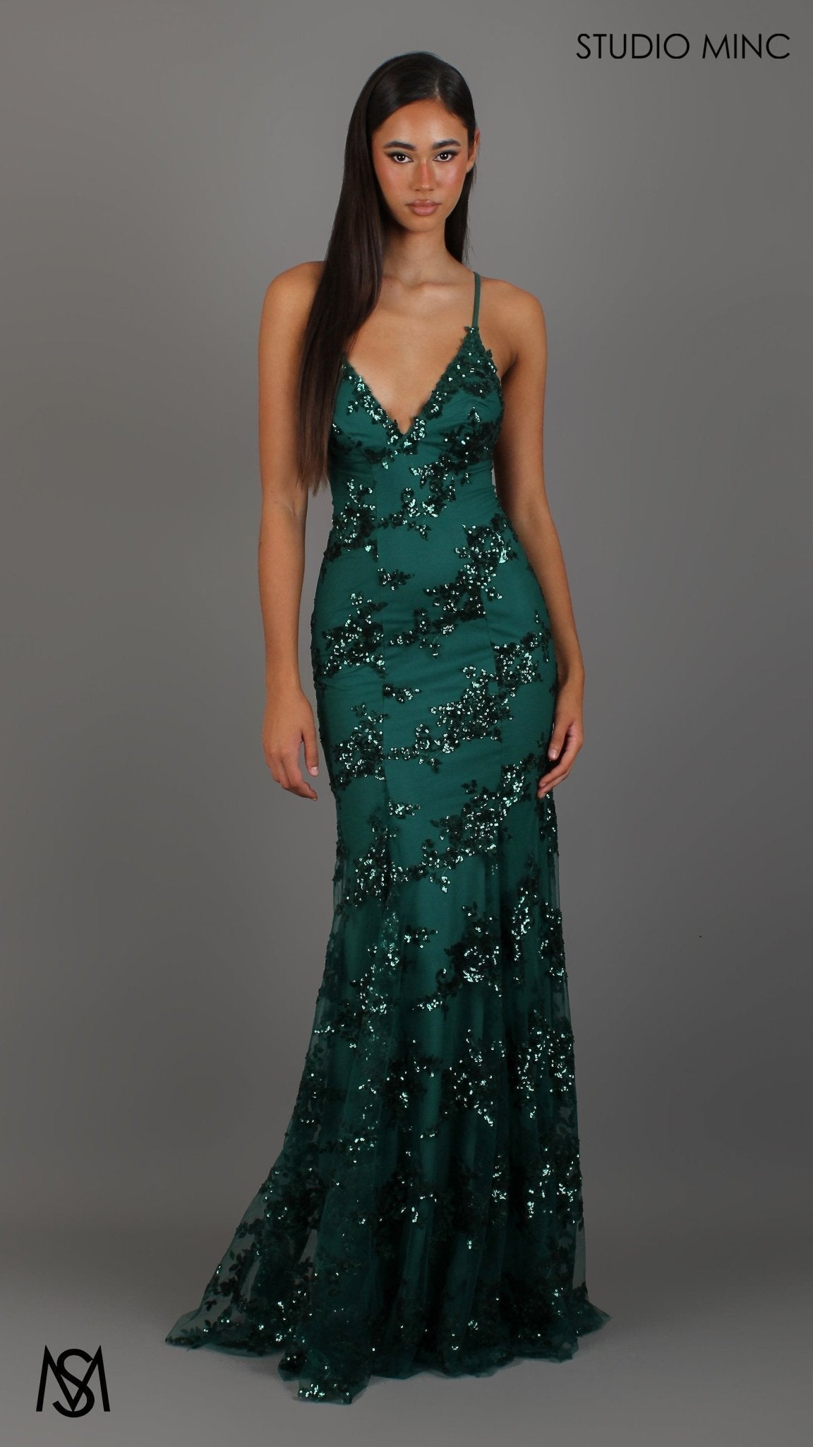 Poetry - Emerald Green formal dress | Sequin Floral V neckline fitted backless mermaid lace up