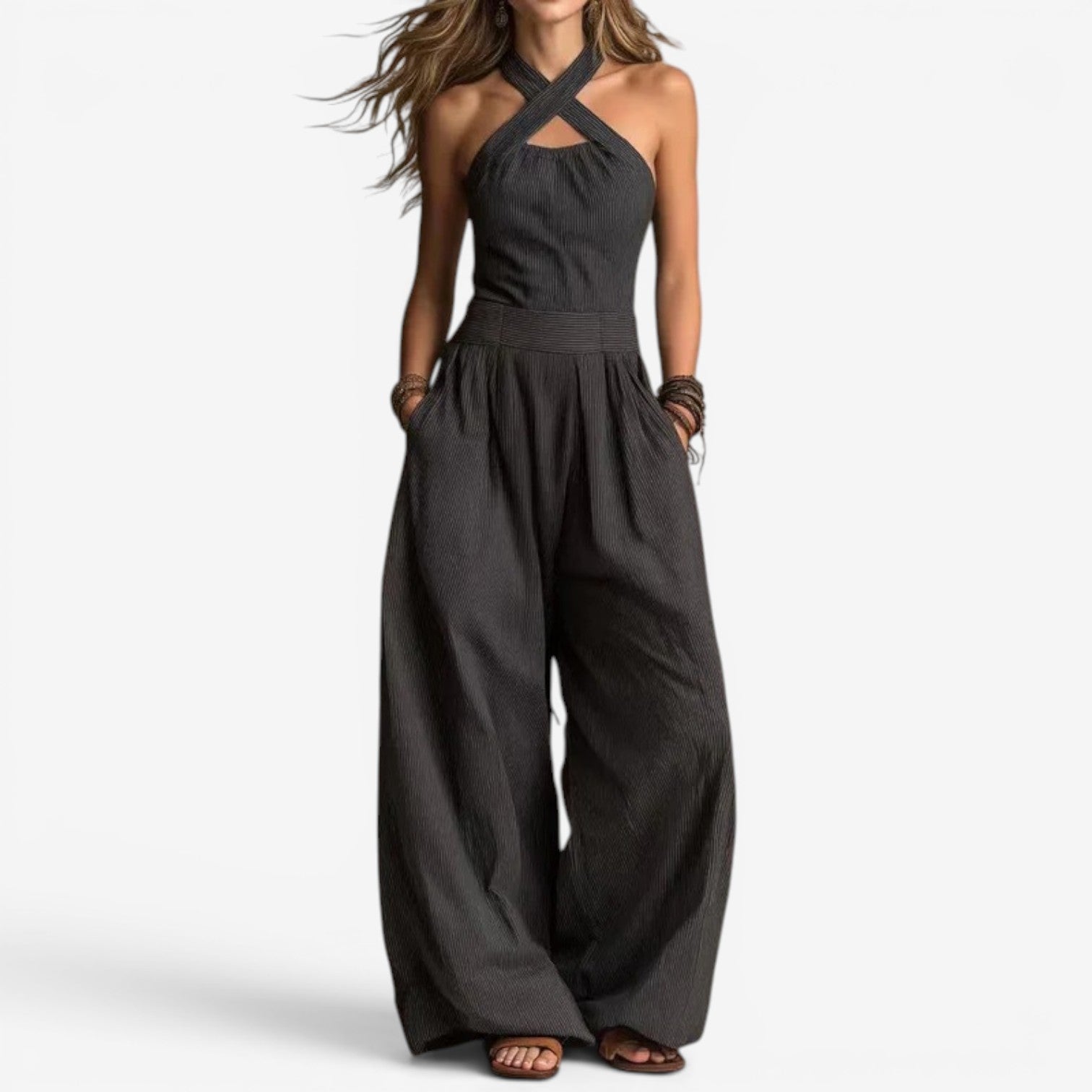 Wide-Leg Jumpsuit — Crossover Neckline