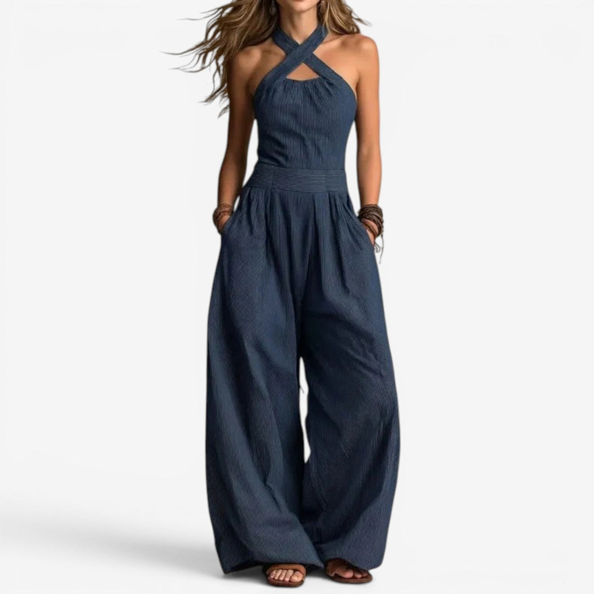 Wide-Leg Jumpsuit — Crossover Neckline