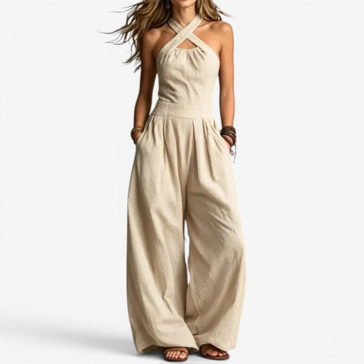 Wide-Leg Jumpsuit — Crossover Neckline