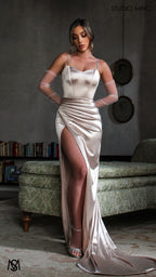 Crave - Champagne Satin Corset Formal Dress with Leg Split