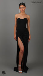 EGO - Black Strapless Formal Dress with Leg Split and Corset Bodice