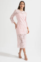 Elegant Long Sleeve Lace Dress With Matching Waist Belt - Pink