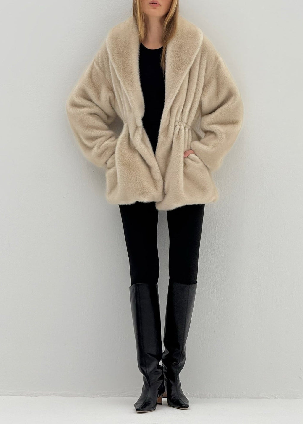 Alpina Cinch Waist Fur Coat | Almond Quartz