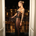 Fake Number Black Lace Panel Maxi Dress