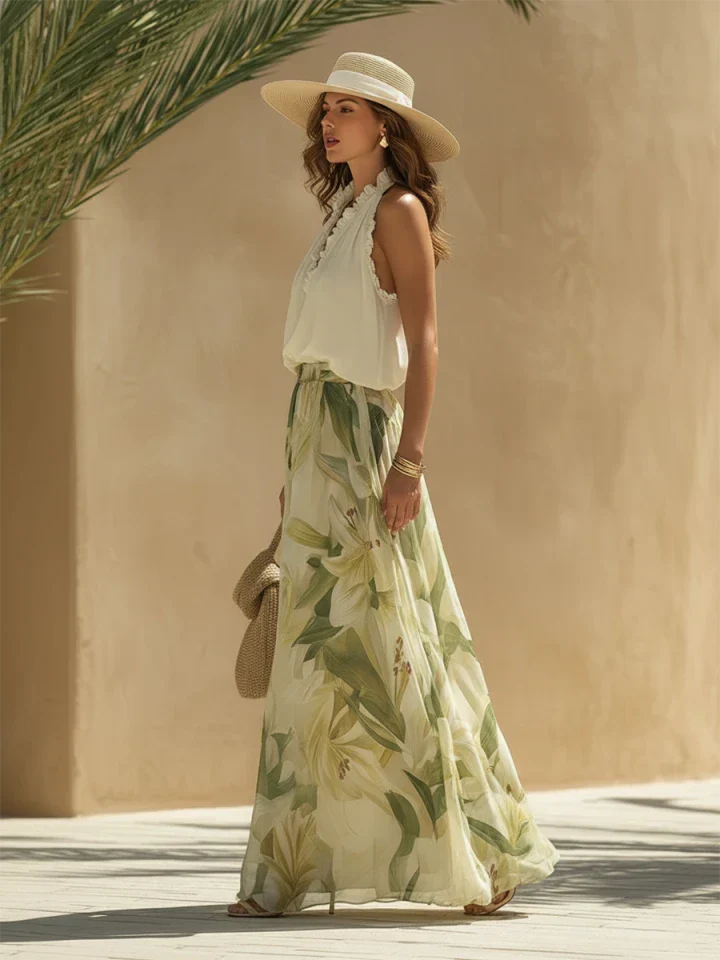 Lily | Ruffled Chiffon Top Printed Pants Set