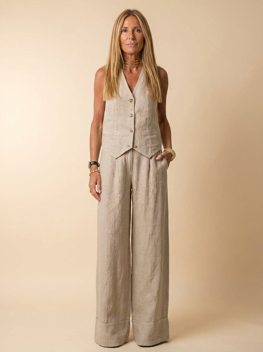 Tailored Linen-Texture Vest and Wide-Leg Trouser Co-ord Set