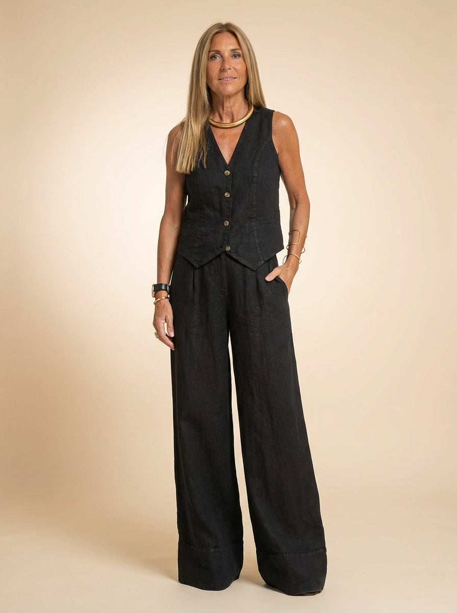 Tailored Linen-Texture Vest and Wide-Leg Trouser Co-ord Set