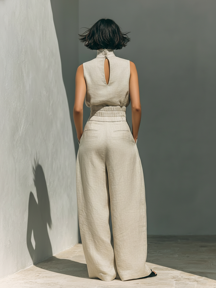 Cotton And Linen Blend Blouse And Leg Pants Set
