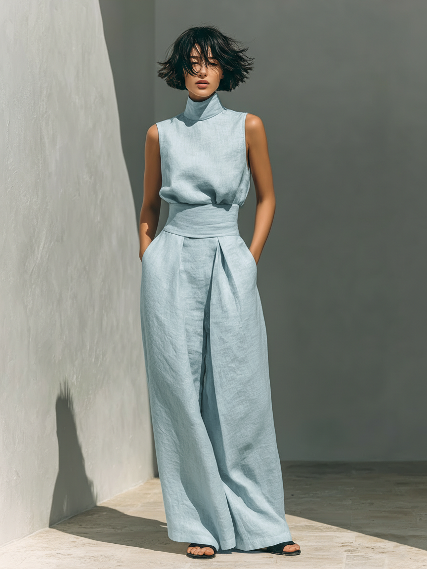 Cotton And Linen Blend Blouse And Leg Pants Set