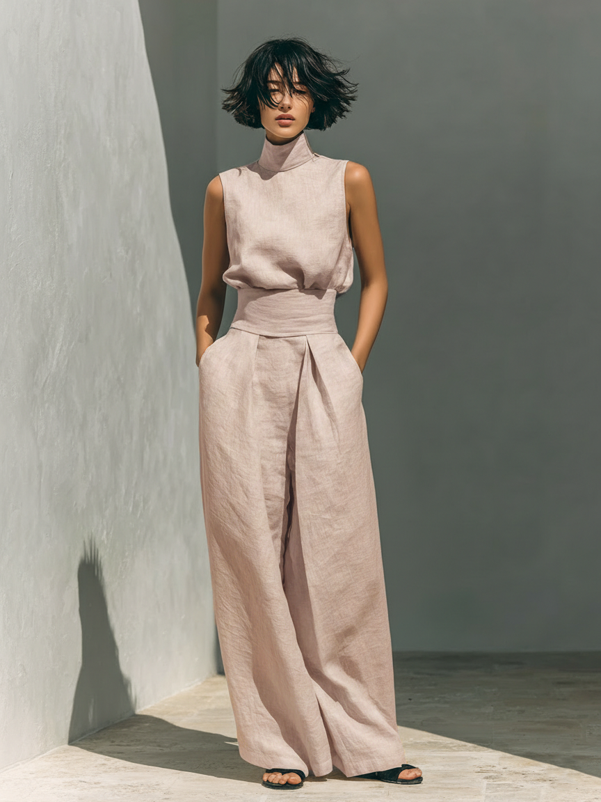 Cotton And Linen Blend Blouse And Leg Pants Set