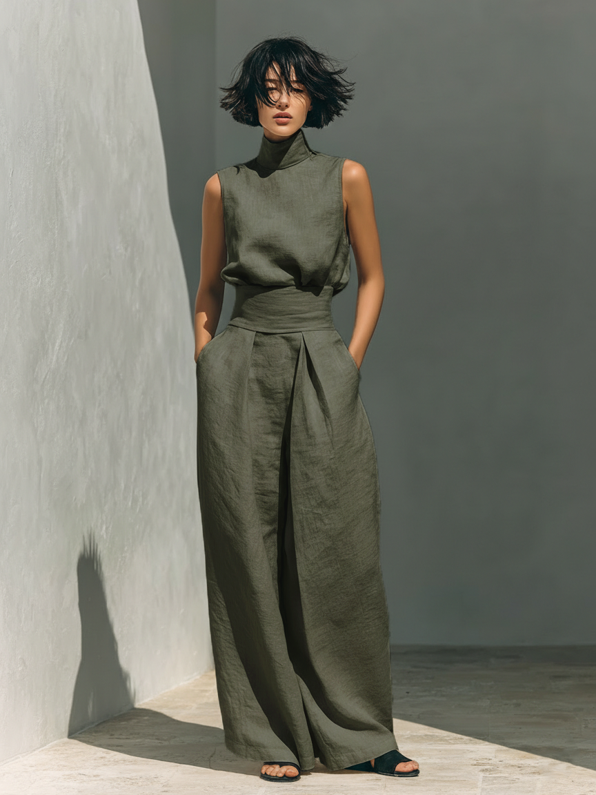 Cotton And Linen Blend Blouse And Leg Pants Set