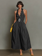 Women's Minimalist Striped Lapel Sleeveless Maxi Dress MDZ1099D5Y