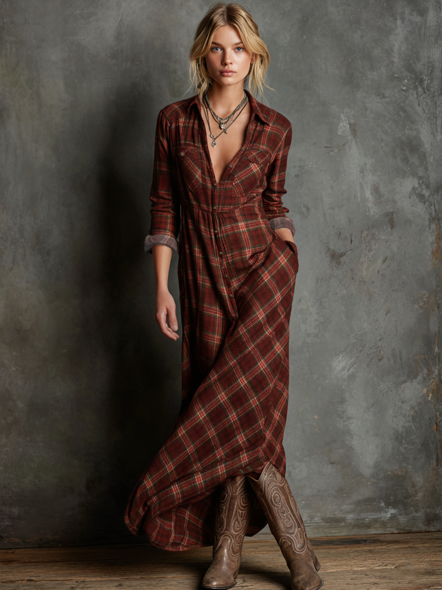 Women's Plaid Lapel Single-Breasted Shirt Maxi Dress MDA1249H1Y
