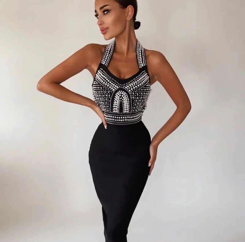Charlotte Noir
 Black Mantual Beading Rayon Bandage Dress Elegant Cocktail Party Dress