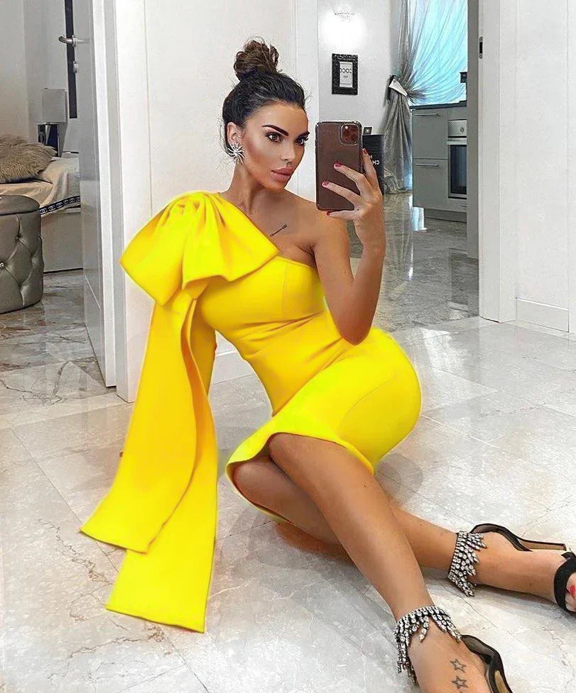 Luxe Radiance One-Sleeve Bowknot Bandage Dress