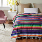 Boho style beach picnic blanket with colorful patterns, perfect for outdoor gatherings and beach trips.
