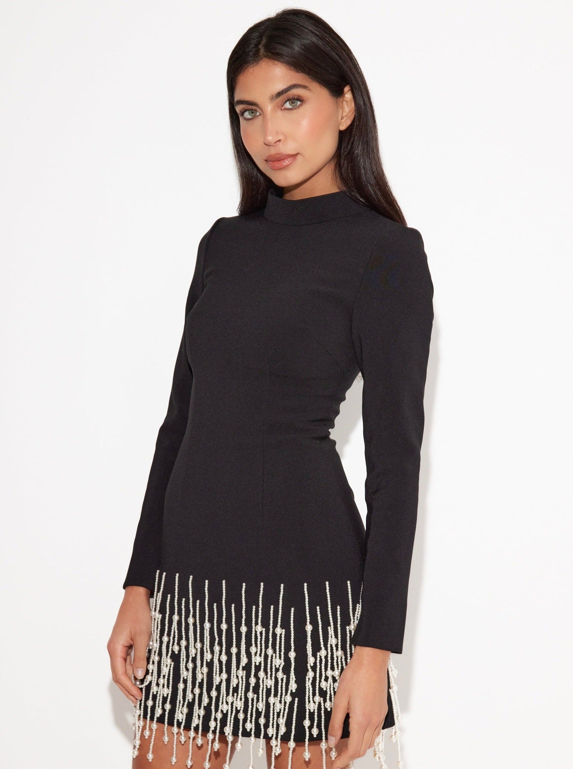 Celestia Pearl Drop Long Sleeve Dress | Black