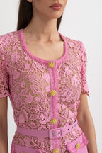 Exquisite Short Sleeve Lace Midi Dress - Rose
