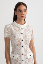 Elegant Short Sleeve Lace Dress With Matching Waist Belt - White