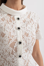 Elegant Short Sleeve Lace Dress With Matching Waist Belt - White